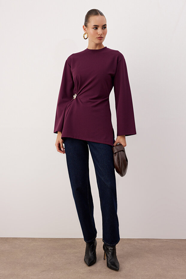 Bordo Yumuşak Kumaş Toka Detaylı Örme Tunik TCTAW26UK00000 - 1