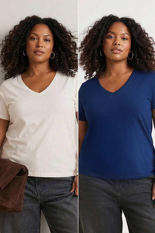 Çok Renkli 2'li Paket Basic Örme Büyük Beden T-Shirt TBBSS22TS0705 - 1
