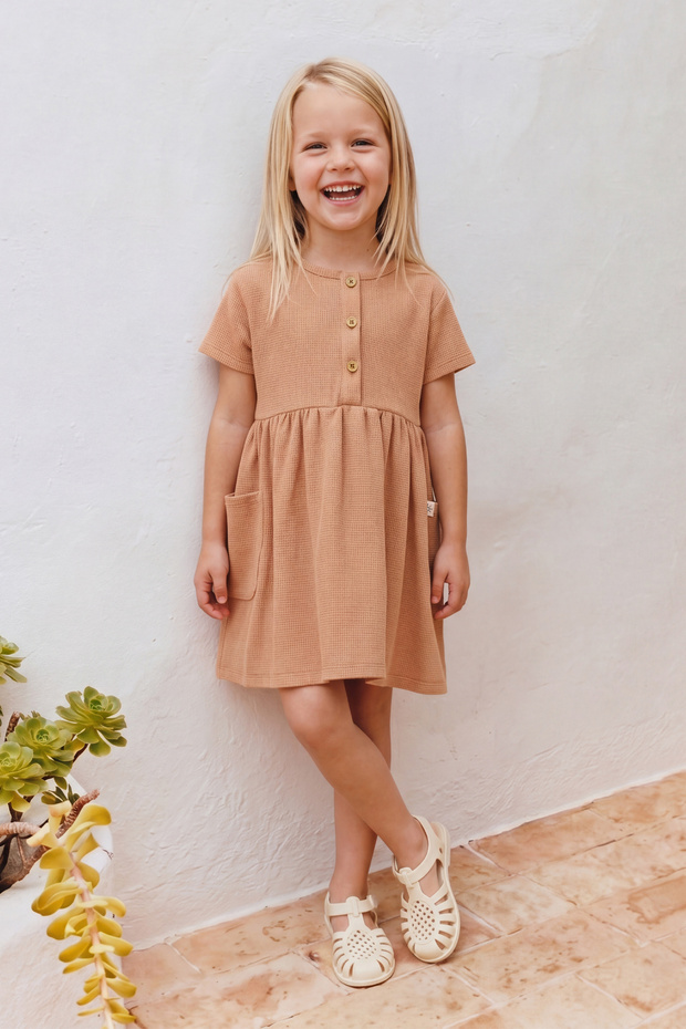 Girl's Summer Waffle Casual Dress with Pockets, Milk Coffee Color