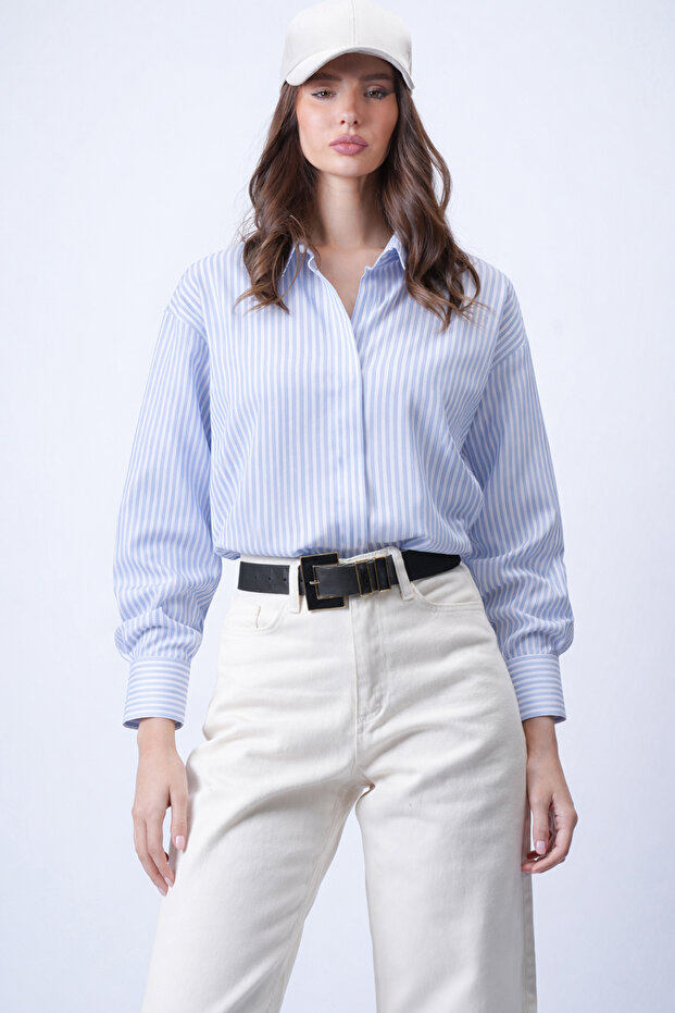 Blue Oval Cut Striped Oversize Shirt