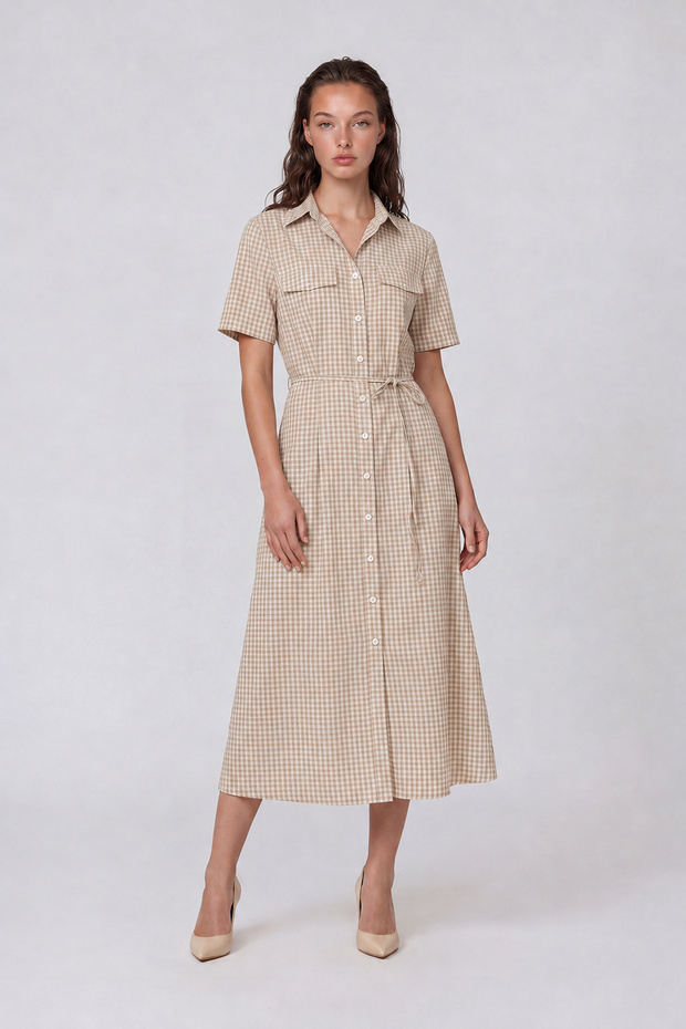 Square Patterned Tie-Waist Double Pocket Midi Length Shirt Dress