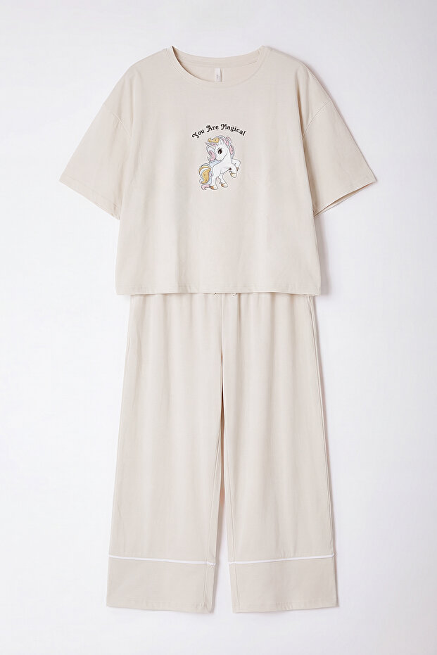 Gri Baskılı Wide Leg Crop Boy Örme Pijama Takımı TBBAW23AI00040 - 2
