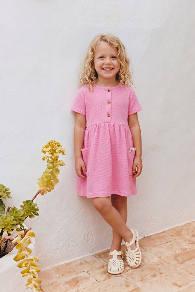Girl's Summer Waffle Casual Dress with Pockets Dark Pink