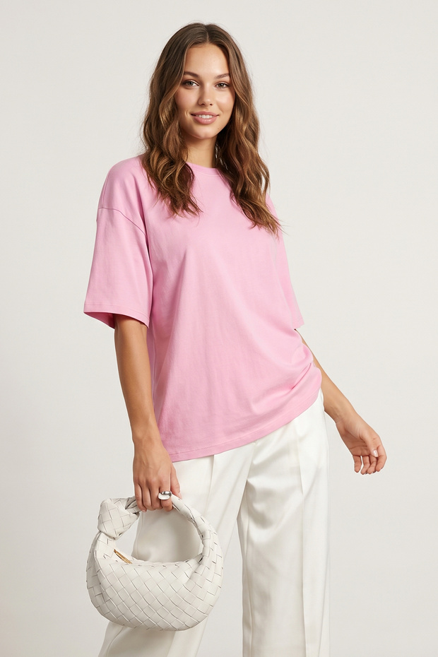 Açık Pembe %100 Kalın Pamuklu Oversize/Geniş Kalıp Örme T-Shirt TWOSS23TS00040 - 2
