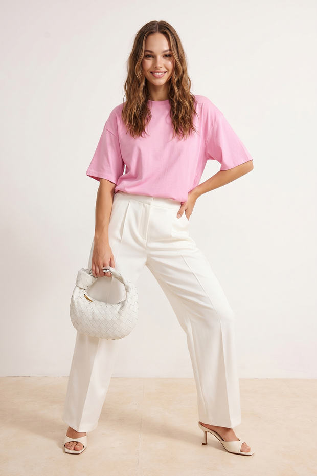 Açık Pembe %100 Kalın Pamuklu Oversize/Geniş Kalıp Örme T-Shirt TWOSS23TS00040 - 1