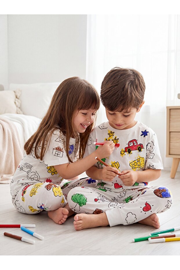 Ecru Crayon Gift Paintable Unisex Children's Pajama Set Tkdss26Pt00018