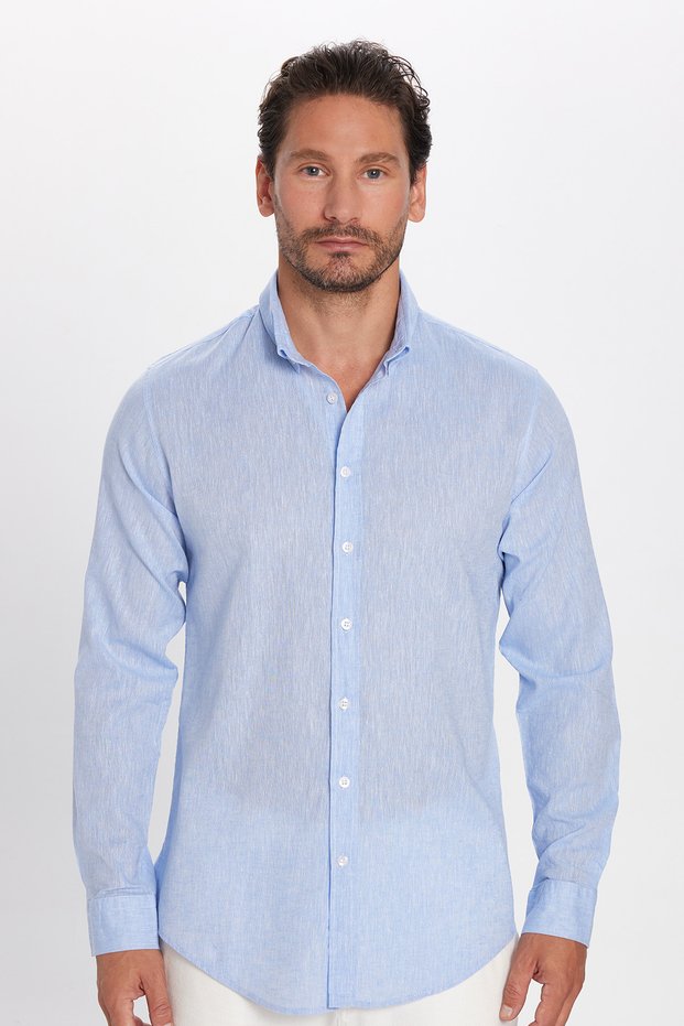 Men's Slim Fit Slim Fit Long Sleeve Linen Premium Series Buttoned Lapel Sports Blue Shirt