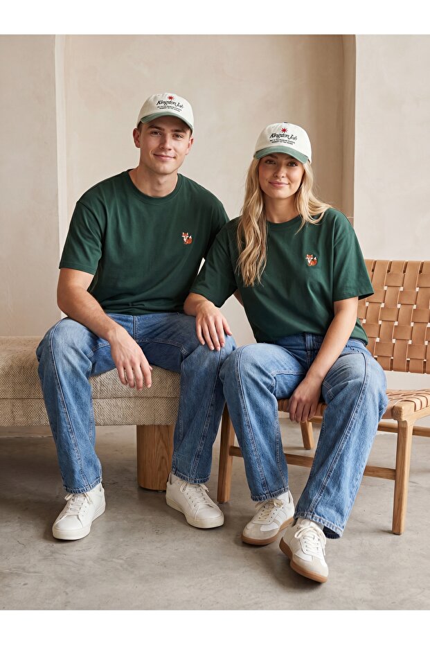 Unisex Haki Oversize/Geniş Kesim Tilki Nakışlı %100 Pamuk T-Shirt TMNSS26TS00047 - 2