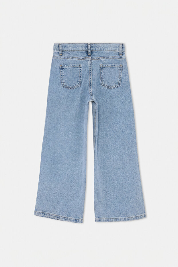 Buz Mavisi Kız Çocuk Çiçek Nakışlı Wide Leg Jeans TKDAW25PL00001 - 5