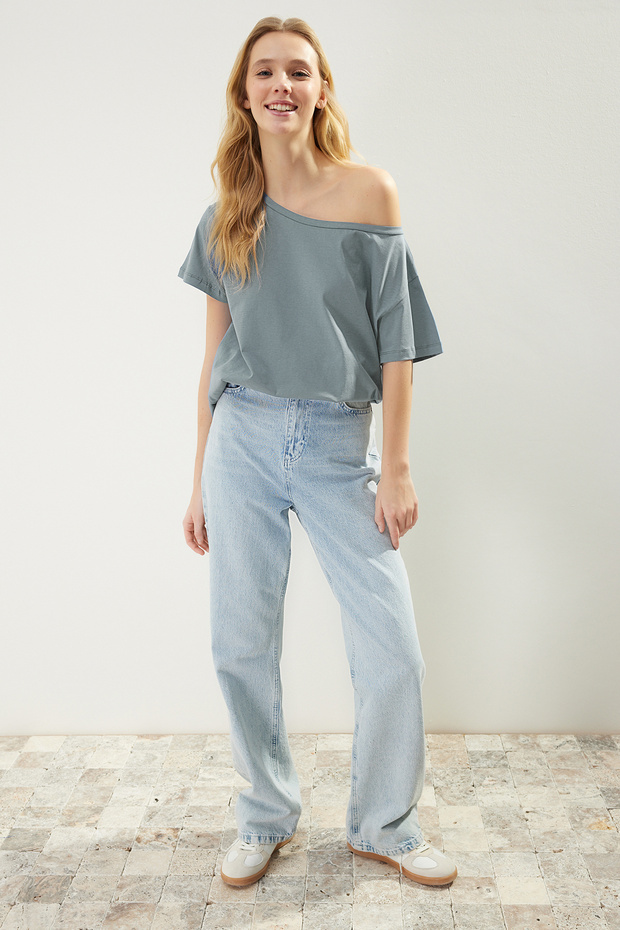 Indigo %100 Pamuk Oversize/Geniş Kalıp Kayık Yaka Örme T-Shirt TWOSS20TS0140 - 2