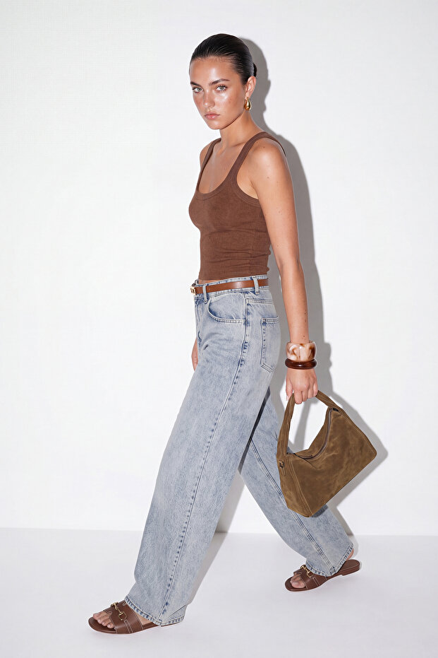 Mavi Kemer Detaylı Wide Leg Geniş Paça Jeans TDRSS26PL00039