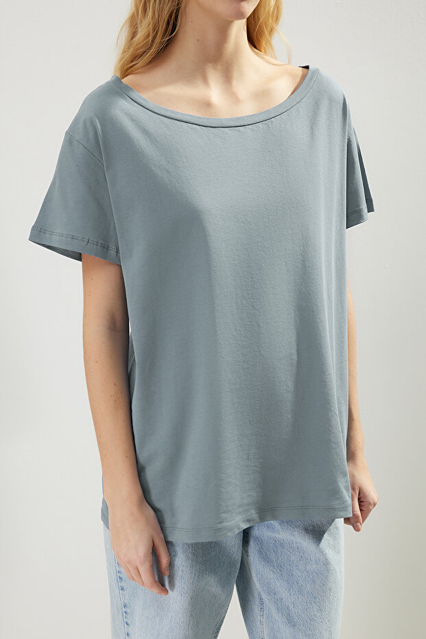 Indigo %100 Pamuk Oversize/Geniş Kalıp Kayık Yaka Örme T-Shirt TWOSS20TS0140 - 4