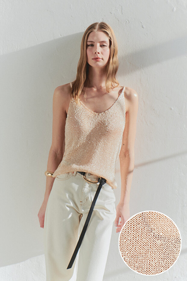 Altın Crop Payetli Metalik İplikli Triko Bluz TWOSS25BZ00321 - 1