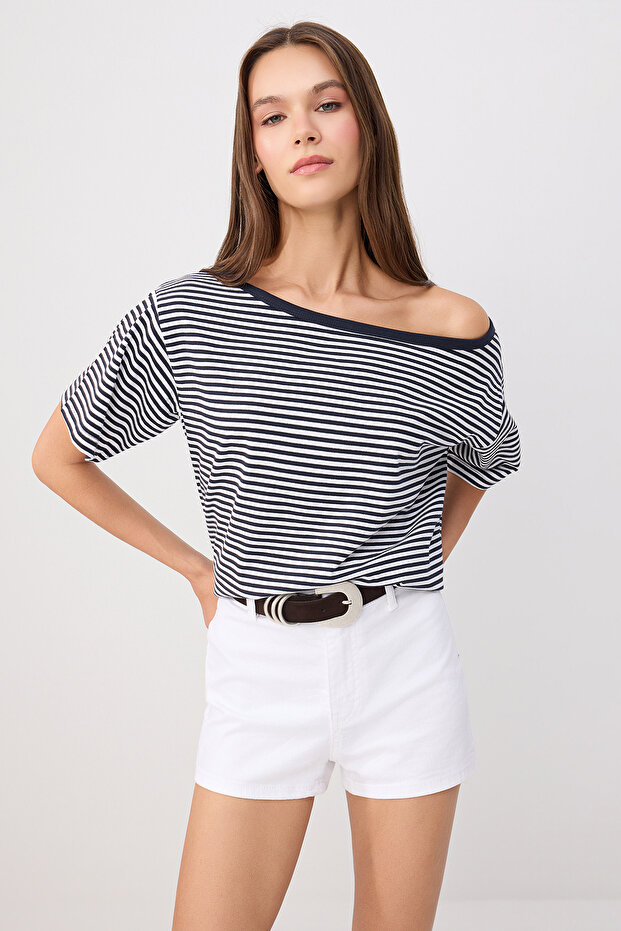 Çok Renkli Çizgili Regular/Normal Kalıp Asimetrik Yaka Yumuşak Örme Bluz TWOSS26BZ01029