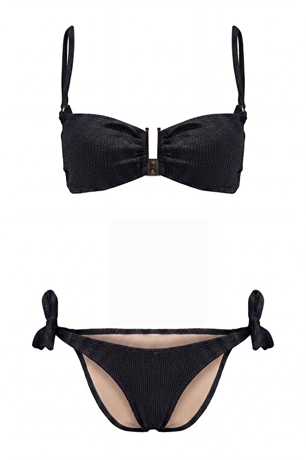 Siyah Dokulu Aksesuarlı Straplez Kaplı Brazilian Normal Bel Bikini Takımı TBESS24BT00019 - 5