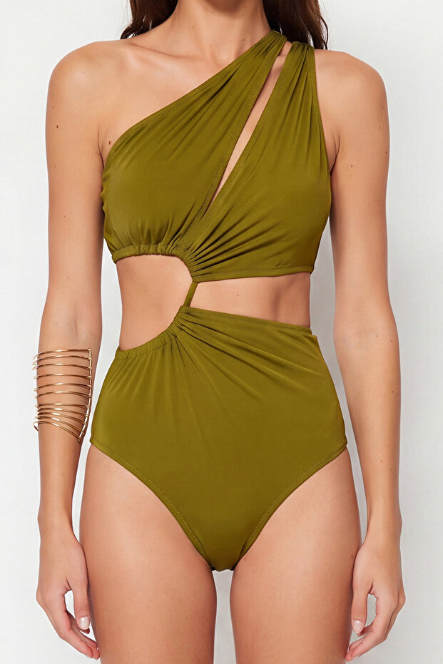 Haki Tek Omuz Tünelli Cut Out Detaylı Regular Core Mayokini TBESS23MA00206 - 6