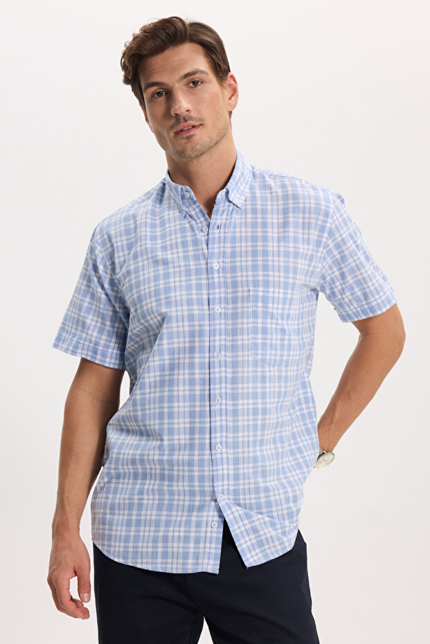 Men's Regular Fit Classic Cut 100% Cotton Short Sleeve Checkered Linen Effect Blue Shirt with Pockets