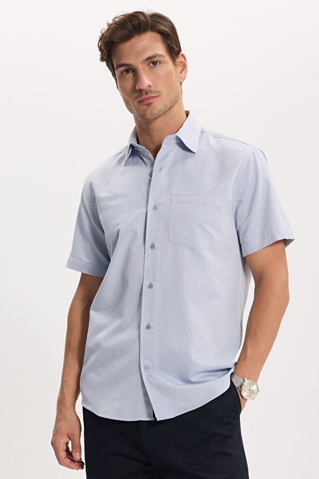 Men's Regular Fit Classic Cut Cotton Short Sleeve Dobby Blue Shirt