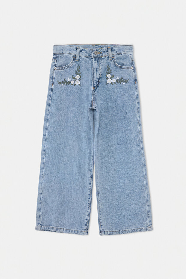Buz Mavisi Kız Çocuk Çiçek Nakışlı Wide Leg Jeans TKDAW25PL00001 - 3