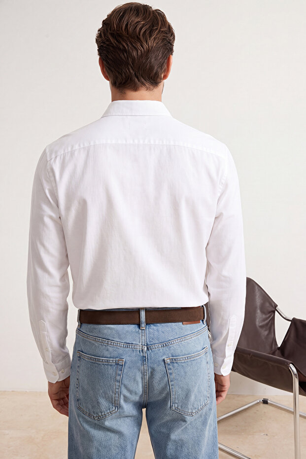 Beyaz Normal Kalıp/Regular Fit Keten Görünümlü Mevsimlik Erkek Dokuma Gömlek TMNSS26GO00008 - 3