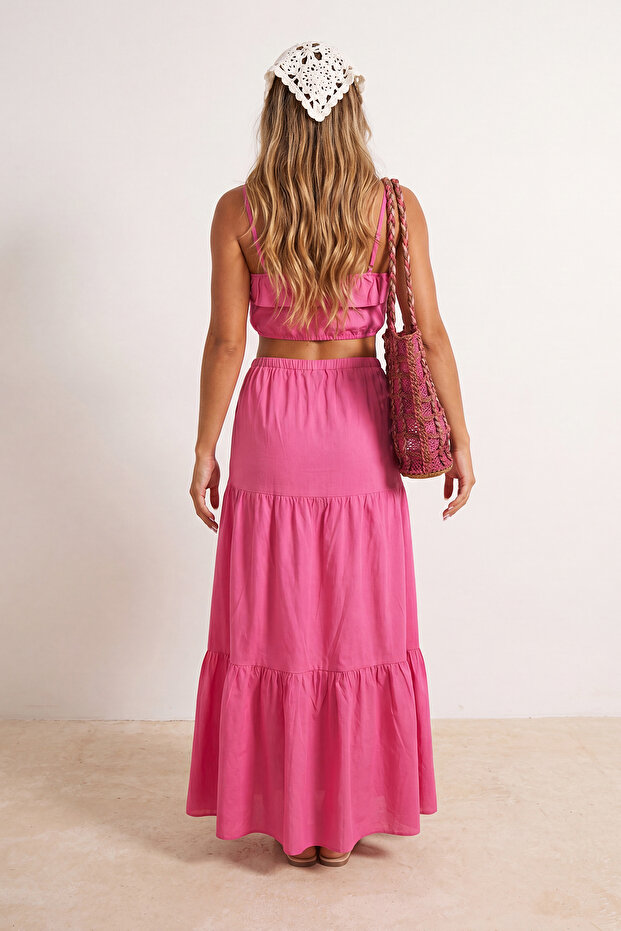 Fuşya Dokuma Fırfır Detaylı Maxi Boy Crop 100% Pamuk Plaj Bluz Etek Takım TBESS26AU00010 - 3