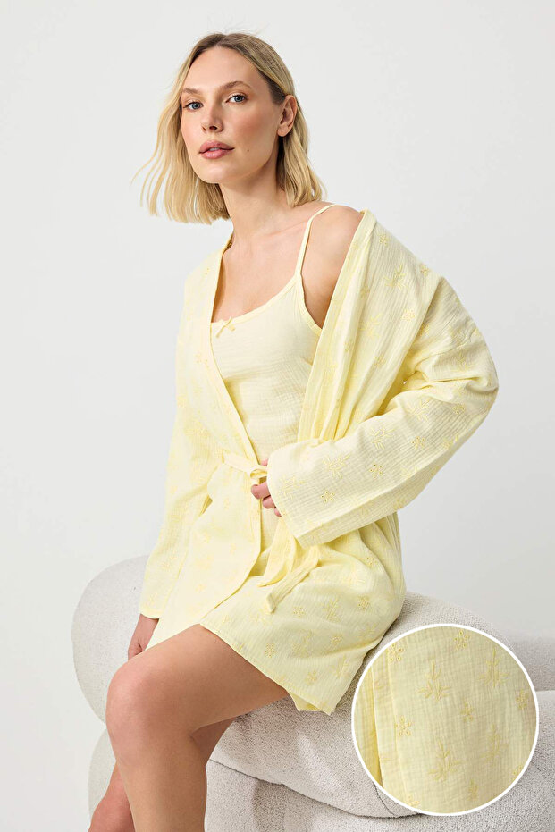 Yellow 2-Piece 100% Cotton Jacquard Patterned Muslin Woven Dressing Gown & Nightgown Thmss26Sb00001