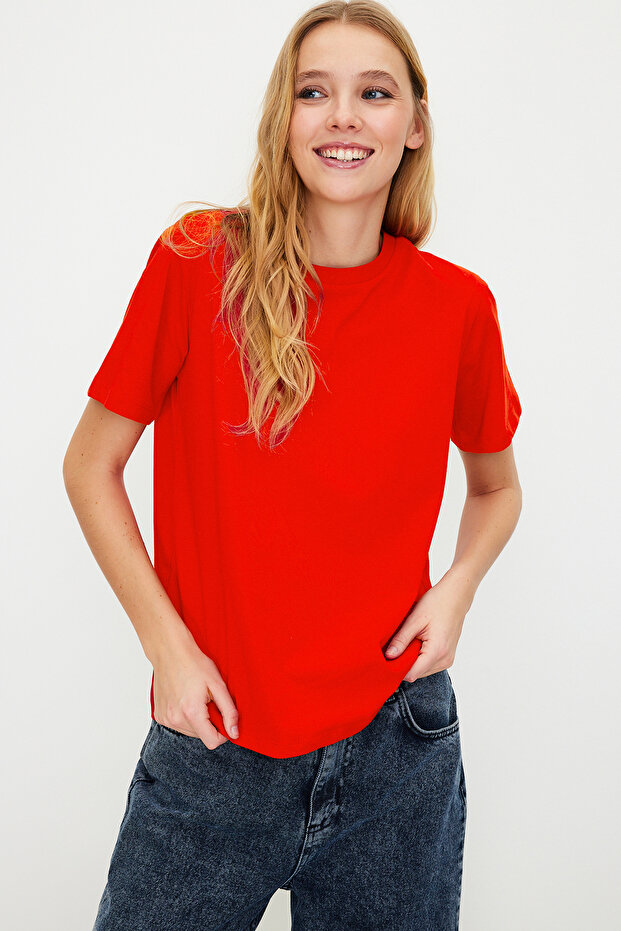 Kırmızı %100 Pamuk Basic Bisiklet Yaka Örme T-Shirt TWOSS23TS00000 - 1