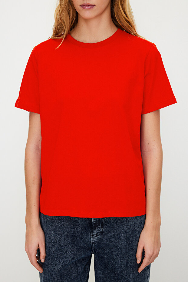 Kırmızı %100 Pamuk Basic Bisiklet Yaka Örme T-Shirt TWOSS23TS00000 - 3