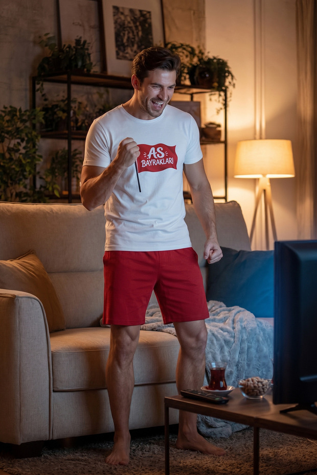 Kırmızı-Beyaz Regular As Bayrakları Baskılı Örme Homewear Pijama Takımı TMNSS26PT00069 - 1