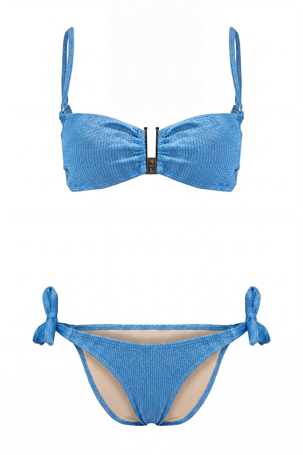Mavi Dokulu Aksesuarlı Straplez Kaplı Brazilian Normal Bel Bikini Takımı TBESS24BT00019 - 5