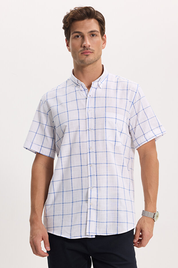 Men's regular fit classic cut 100% Cotton short sleeve Checked Linen Pocketed effect shirt
