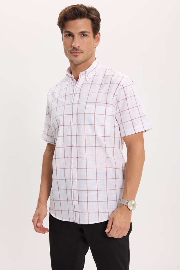 Men's regular fit classic cut 100% Cotton short sleeve Checked Linen Pocketed effect shirt