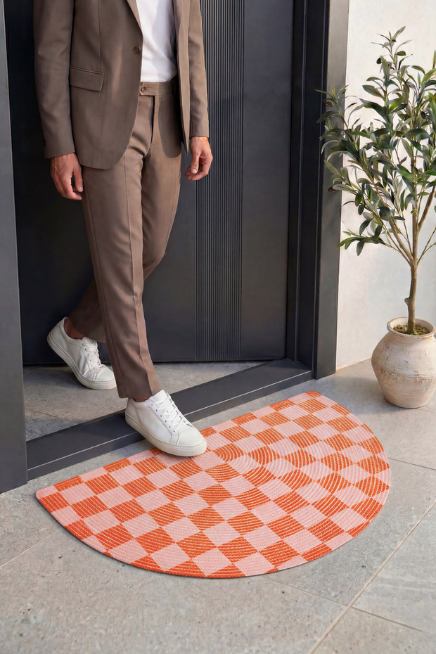 Passy Orange Checkered Plaid Patterned Door Mat Outdoor Decorative Half Moon Entrance Mat