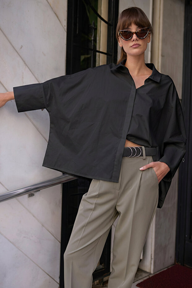 Siyah Geniş Manşetli Oversize Dokuma Gömlek TWOAW26GO00130 - 4