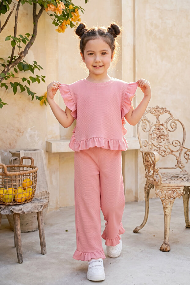 Girl's Top and Bottom Set Summer Ruffle Detailed Powder Set
