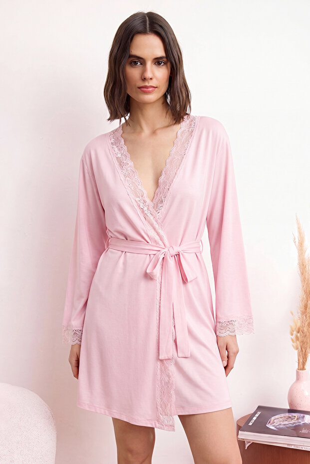 Pembe Kuşaklı Dantelli Viskon Örme Sabahlık THMSS22SB0006
