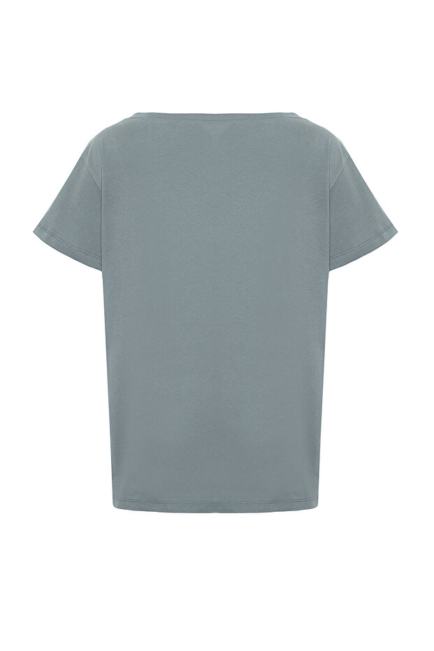 Indigo %100 Pamuk Oversize/Geniş Kalıp Kayık Yaka Örme T-Shirt TWOSS20TS0140 - 8