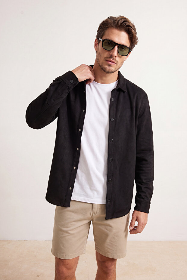 Siyah Slim Fit Süet Kışlık Gömlek TMNAW25GO00040 - 1