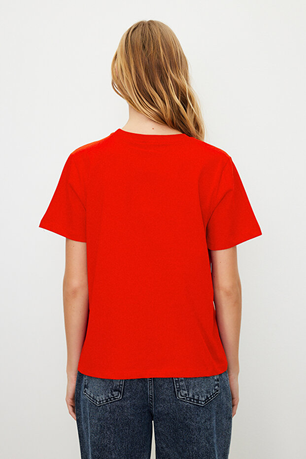Kırmızı %100 Pamuk Basic Bisiklet Yaka Örme T-Shirt TWOSS23TS00000 - 5