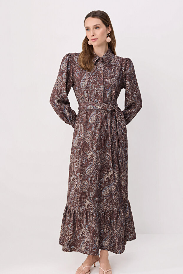 Brown Silky Fabric Sleeve End Gipeli Shawl Pattern Maxi Belted Woven Hijab Dress Tctss26Eb00160