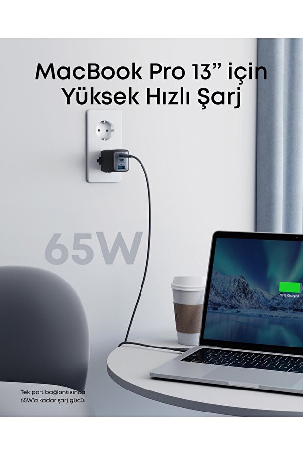 PowerPort III Hızlı Şarj Cihazı, 65W, GaN II Teknolojisi, 3 Bağlantı Noktalı, Siyah - A2667 - 5