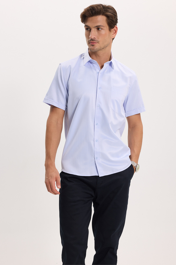Men's Regular Fit Classic Cut Cotton Short Sleeve Dobby Blue Shirt