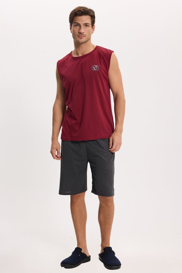 Men's Standard Fit Regular Cut Sleeveless Cotton Claret Red T-Shirt Gray Shorts Set