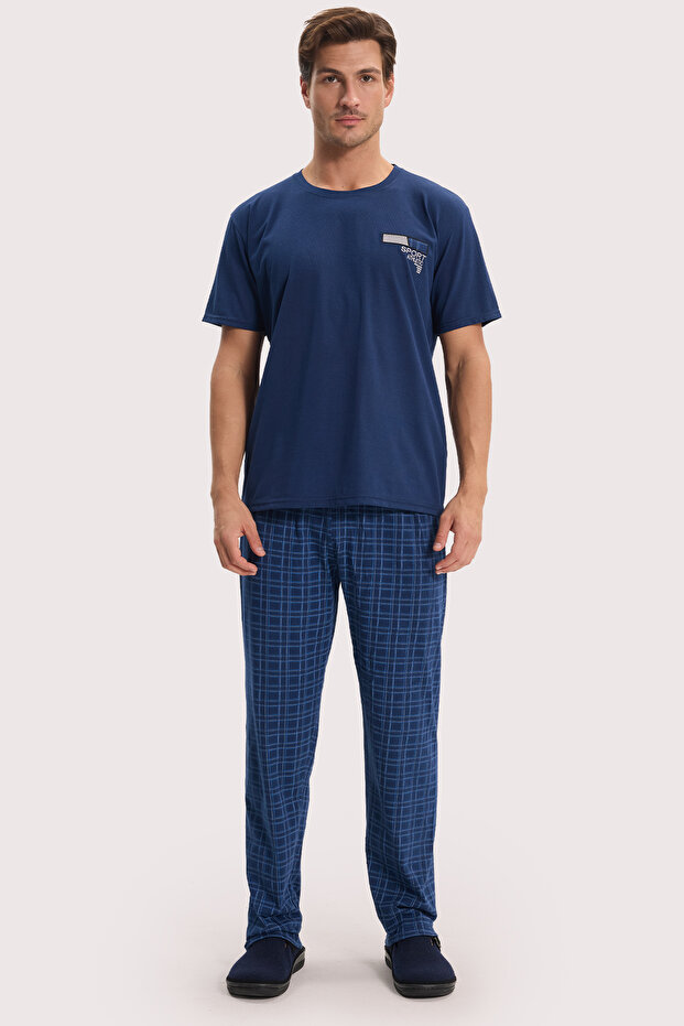 Men's Standard Fit Regular Cut Cotton Crew Neck Short Sleeve Elastic Navy Blue Pajama Set