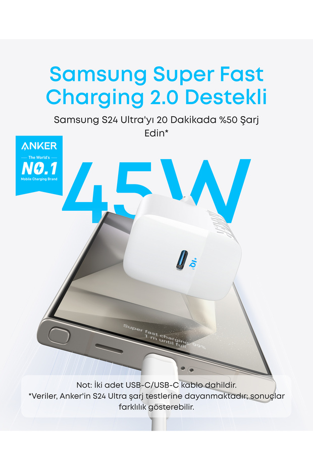 45W, USB-C Şarj Cihazı, Type-C Kablo Dahil, Beyaz - B2653 - 2