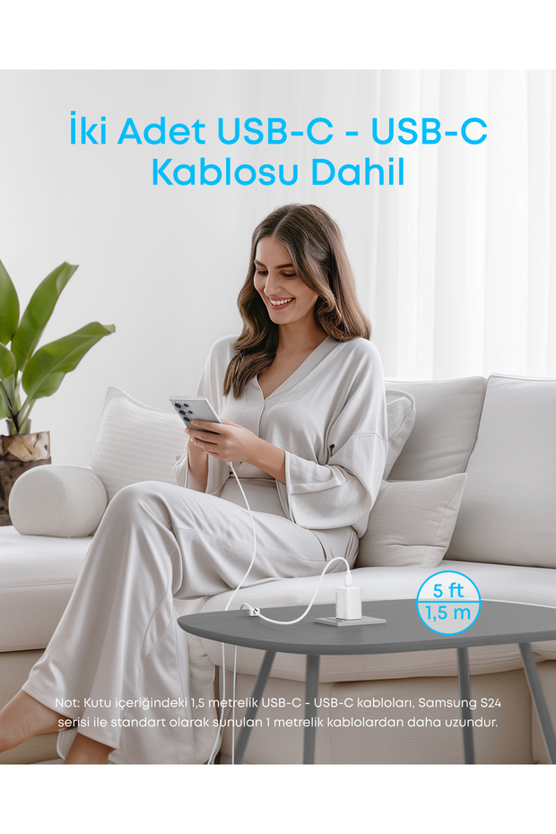 45W, USB-C Şarj Cihazı, Type-C Kablo Dahil, Beyaz - B2653 - 5