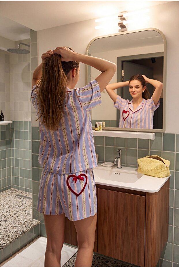 Çok Renkli Çiçekli Kalp Detaylı Viskon Dokuma Pijama Takımı THMSS26PT00144 - 1