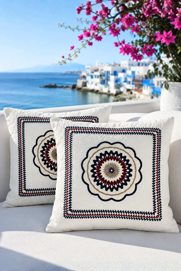 Crocheted Ethnic Decorative Cushion Cover Set on Premium Fabric (43X43 cm)