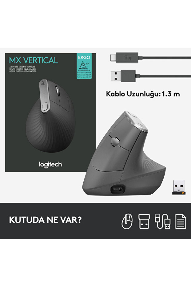 MX Vertical Gelişmiş 4000 DPI Ergonomik Dikey Mouse, Siyah 910-005448 - 10
