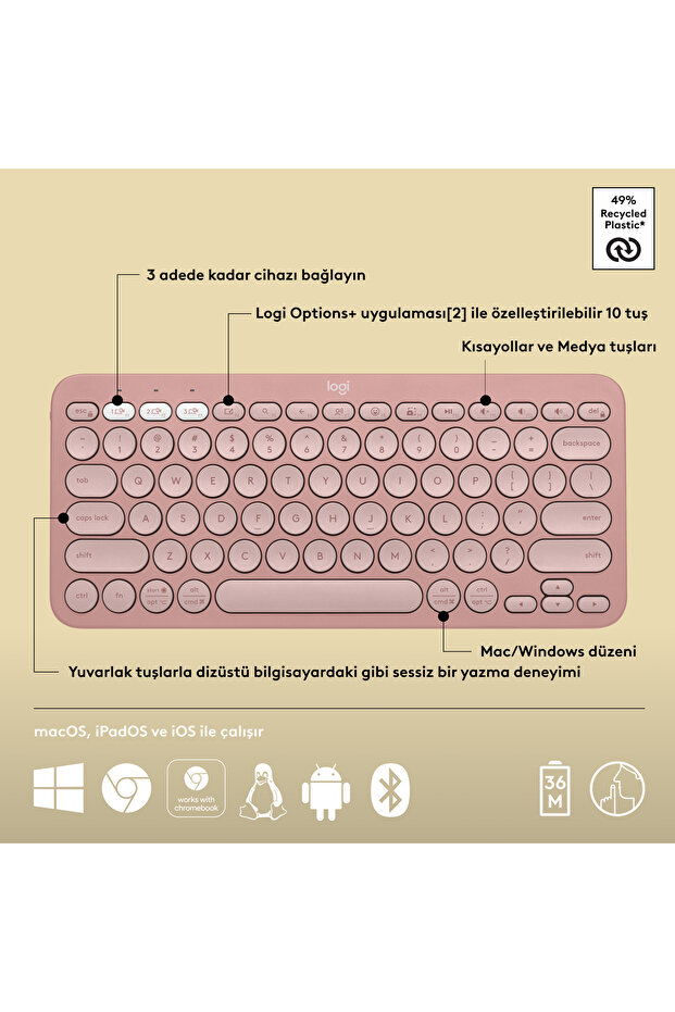 K380s Pebble Keys 2 Çoklu Cihaz Özellikli Bluetooth Türkçe Q Klavye, Pembe 920-011861 - 7